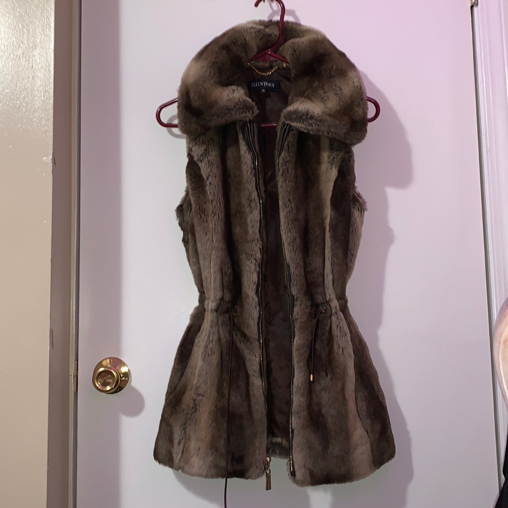 Ellen Tracy Brown Faux Fur Vest with Drawstrings XS